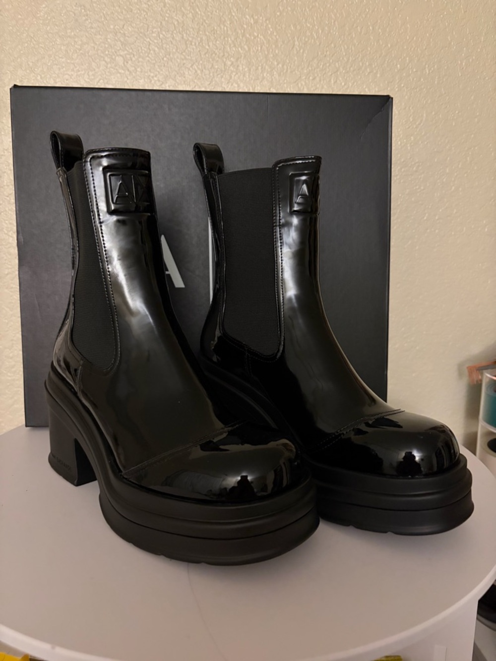 Armani Exchange Black Patent Chelsea Platform Heeled Boots